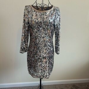 Elie Tahari Sparkling Silver Long Sleeve Dress